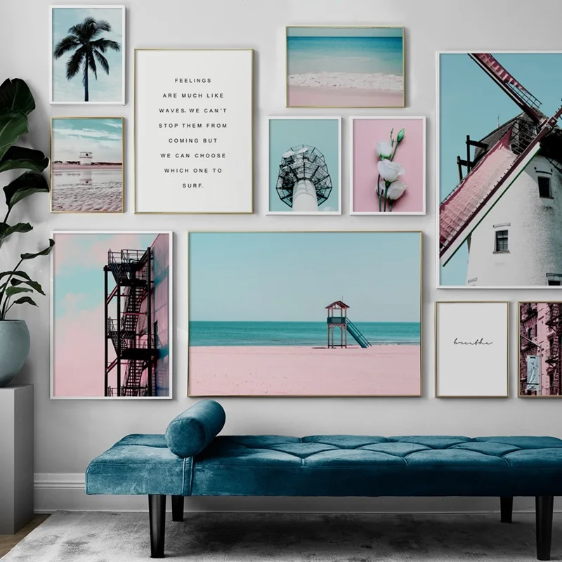 

Modern Home Decoration Wall Art Pictures Windmill Rose Pink Beach Sea Coconut Tree Canvas Painting Landscape Nordic Posters