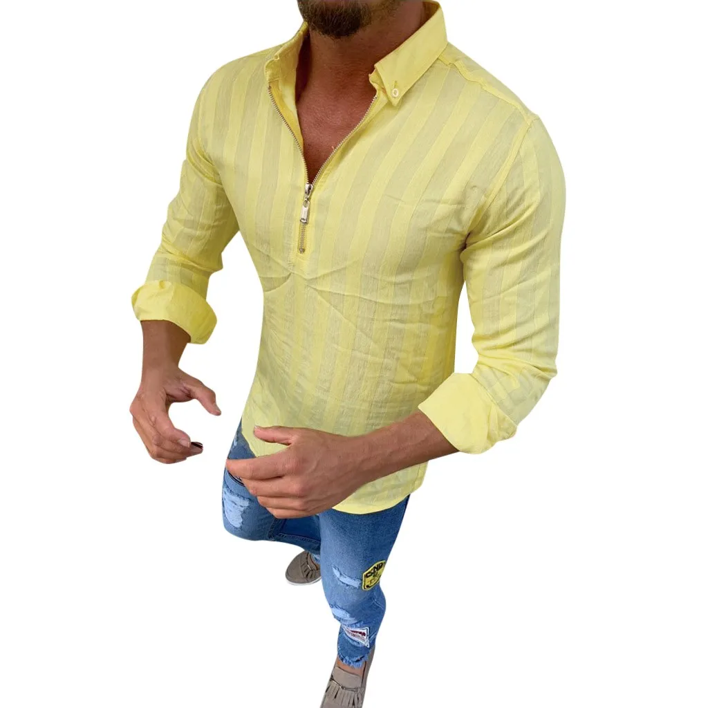 camisa masculina Summer men's Shirt casual striped stand collar Long sleeve Zipper shirt Top hawaiian shirt chemise Yellow Black