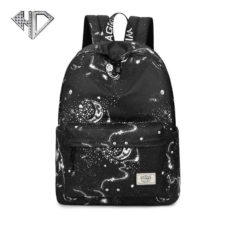 

Simple Stars Printing Women Backpack Large Capacity Student School Bag Waterproof Black Ployester Shoulder Bags D