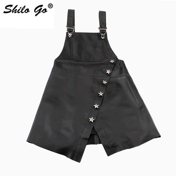 

SHILO GO Leather Dress Womens Autumn Fashion sheepskin genuine leather Dress metal star button Spaghetti Strap black Slit dress