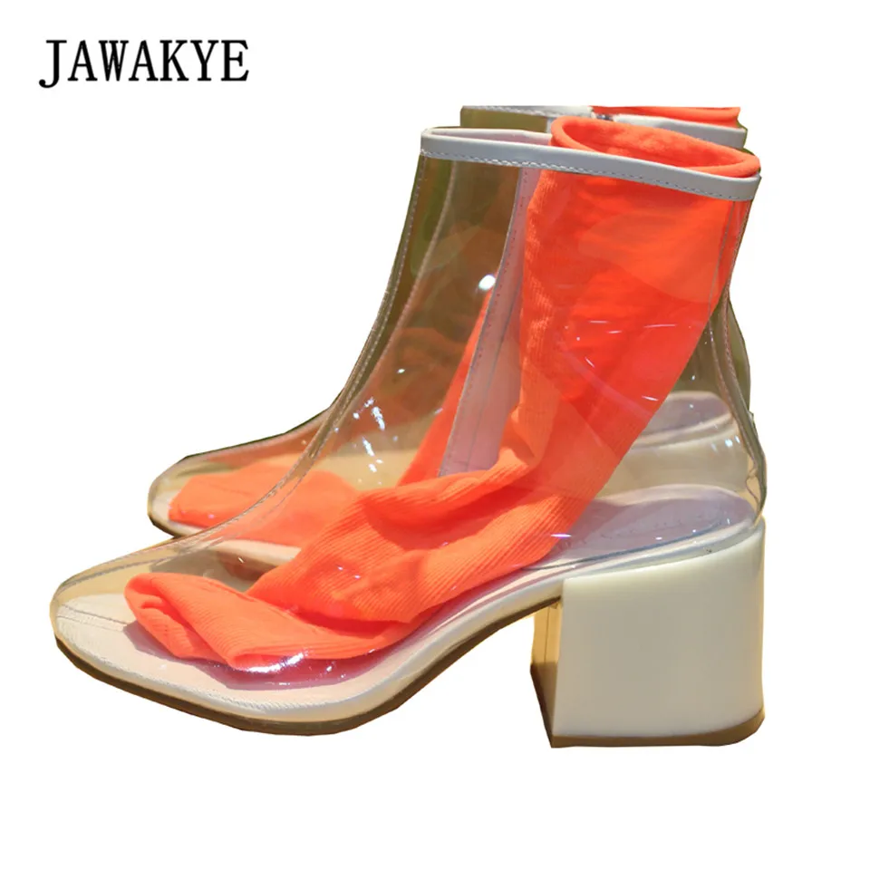 

JAWAKYE Transparents PVC Clear boots Women Chunky high heels Candy color Rain proof Summer Boots Woman female bota feminina 2018