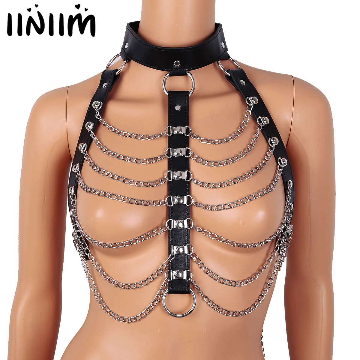 

Unique Bondage Womens Leather Punk Gothic Body Chain Tassel Chest Belt with Lock Pole Dance Costumes Cosplay Novelty Parties Top