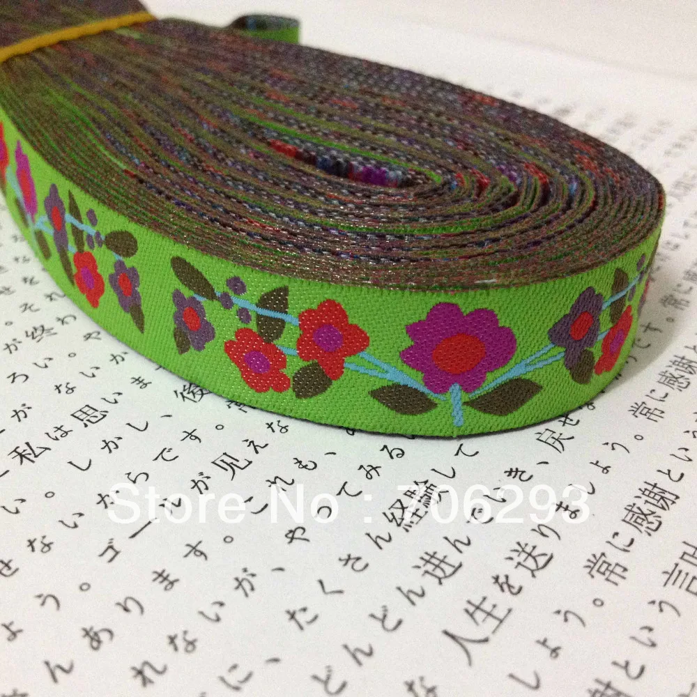 

Free Shipping wholesale 5/8'' 16mm Wide Floral Lime Tone Woven Jacquard Ribbon