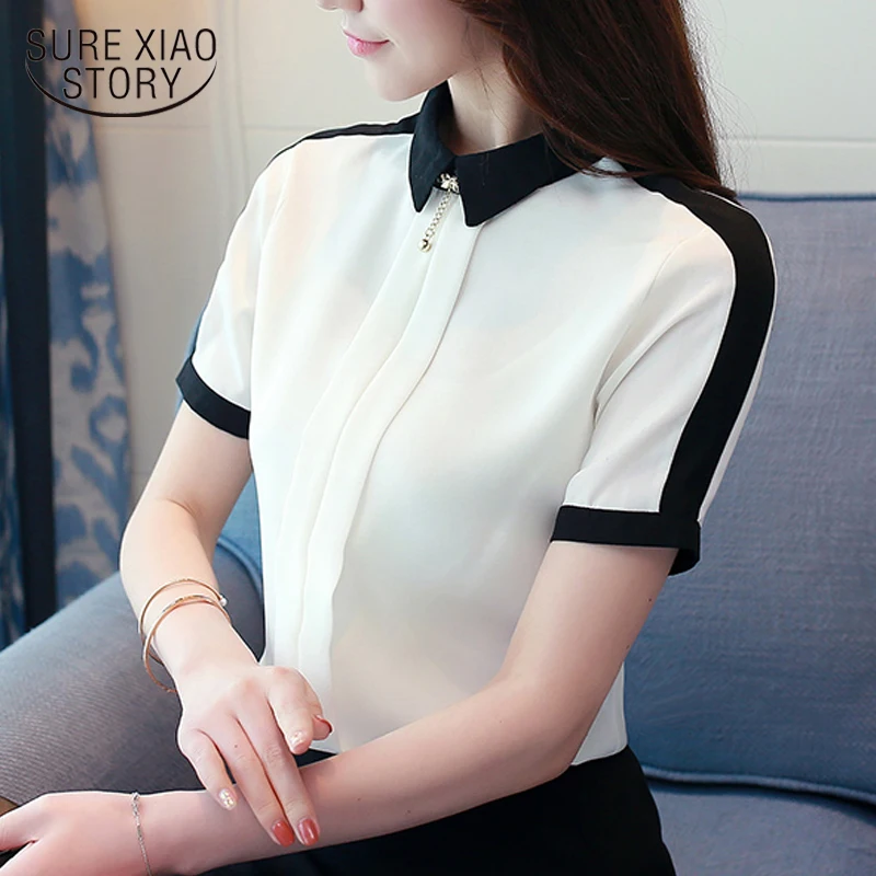women's Summer blouses Office Lady Solid Chiffon blouse Short Sleeve Women blouses Beading Shirt Female womens Clothing 0209 40