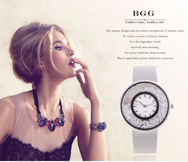 Горячая Мода из нержавеющей сетки ремешок часы для женщин Кристалл циферблат популярный бренд наручные часы женские золото серебро платье кварцевые часы