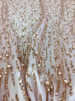 

Gold color glued glitter sequins lace fabric with full beads High quality African sequins lace fabric for party dress