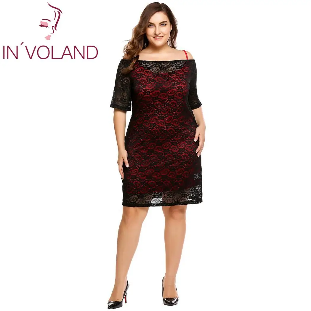 

IN'VOLAND Women Lace Dress 2 pcs Elegant Vintage Off Shoulder Floral Lace Ladies Dresses with Inner Slip Party Vestido Plus Size