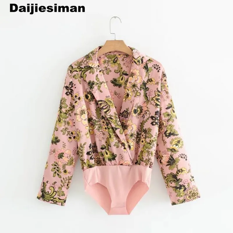 Women Pink sexy deep V neck floral print bodysuit shirt cross turn down