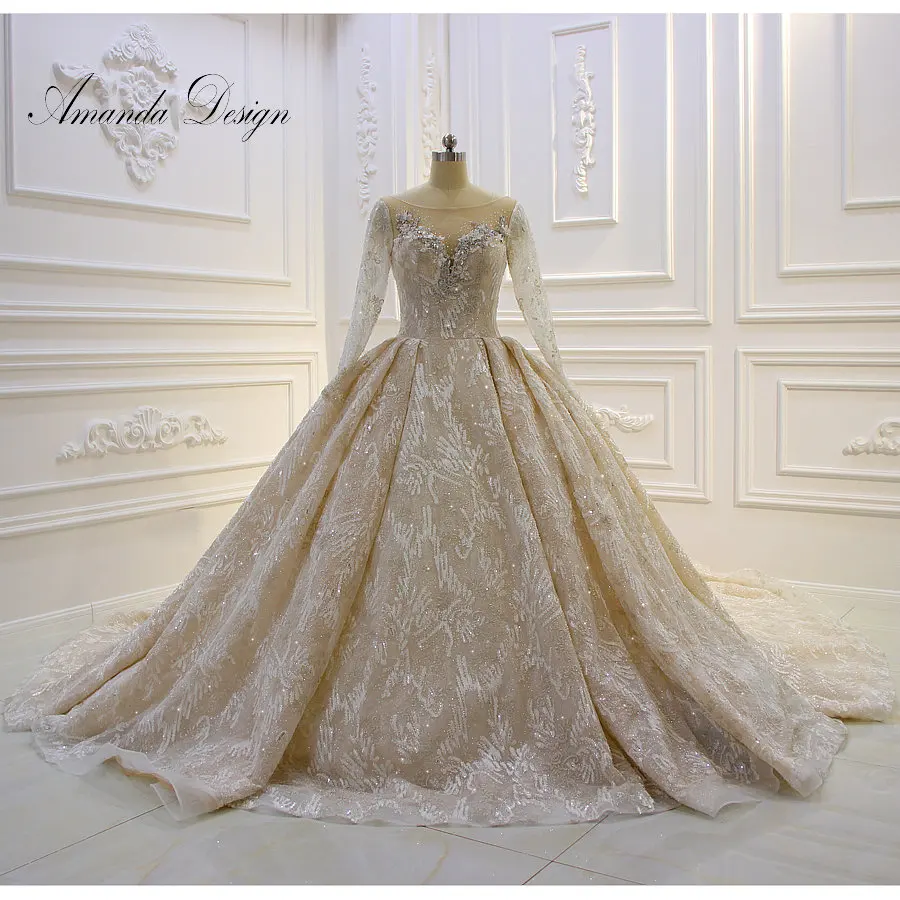 Amanda дизайн robe de princesse длинный рукав горный хрусталь кристалл шампанское роскошные кружево свадебное платье