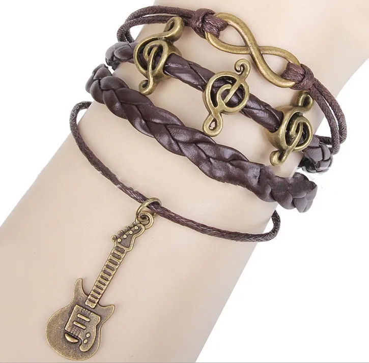 

Hippie Vintage Guitar Infinity Music Musical Note Charms Braided Leather Cuff Bracelet Retro Multilayer Wrap Bangle Jewelry Gift