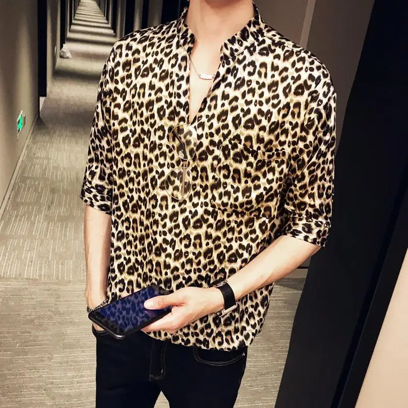 

Loldeal Summer Gothic Shirt V-neck Shirt Men's Fashion Ball Party Leopard Shirt