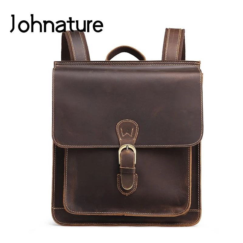 Johnature 2021 New Vintage Solid Softback Genuine Leather Cow Cover Arcuate Shoulder Strap Soft Handle Men Backpack |