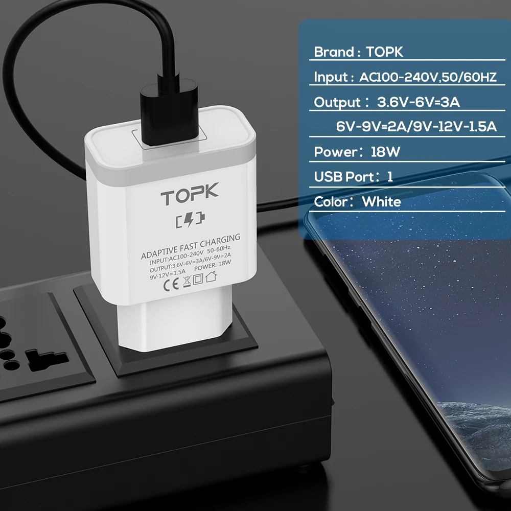 TOPK, зарядное устройство для мобильного телефона, 18 Вт, быстрая зарядка, 3,0, быстрое USB зарядное устройство, штепсельная вилка европейского стандарта, настенный адаптер для путешествий, для samsung Galaxy S9/S8, Xiaomi, LG