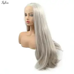 Sylvia Длинные парик из натуральных прямых волос платины/блондинка парик синтетические волосы на кружеве Искусственные парики для женщин
