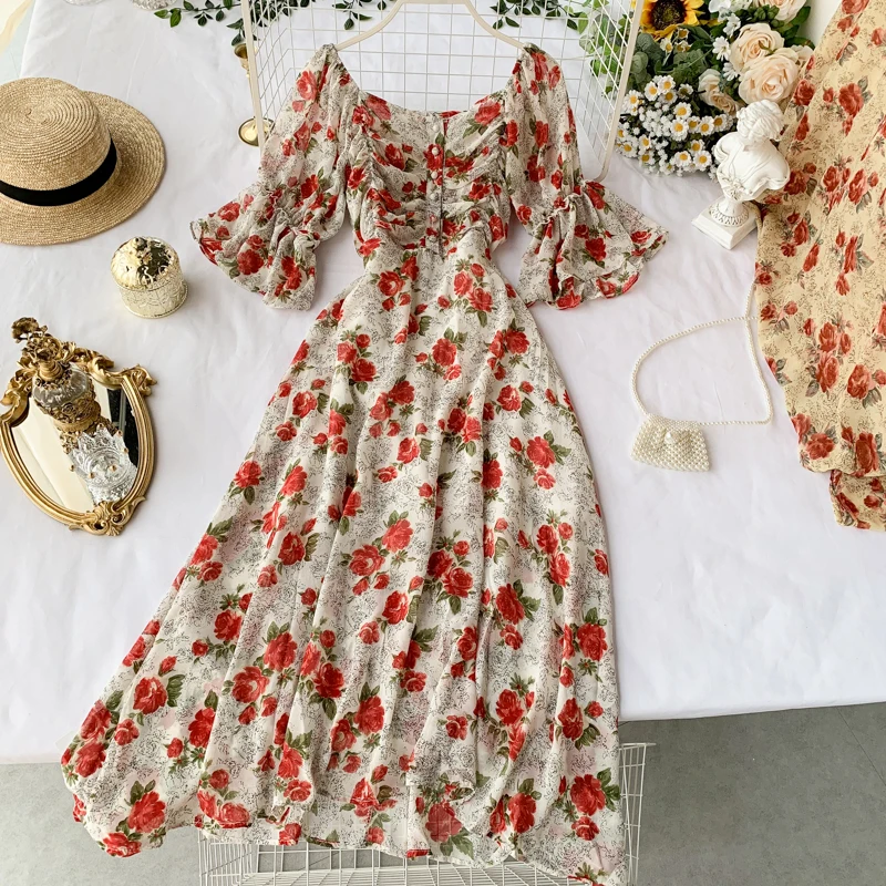 

2019 new fashion women's dresses French square neck dress female summer pleated popular floral