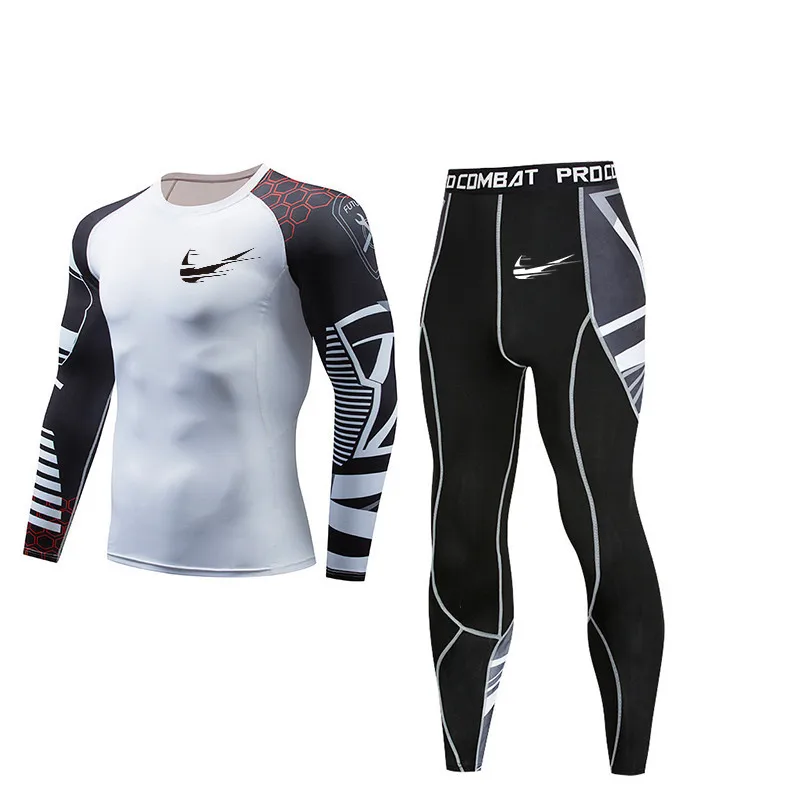 

Men's 2019 high quality running jogging sportswear long sleeve men's T-shirt and pants gym muscle fitness tights 2 pieces / set