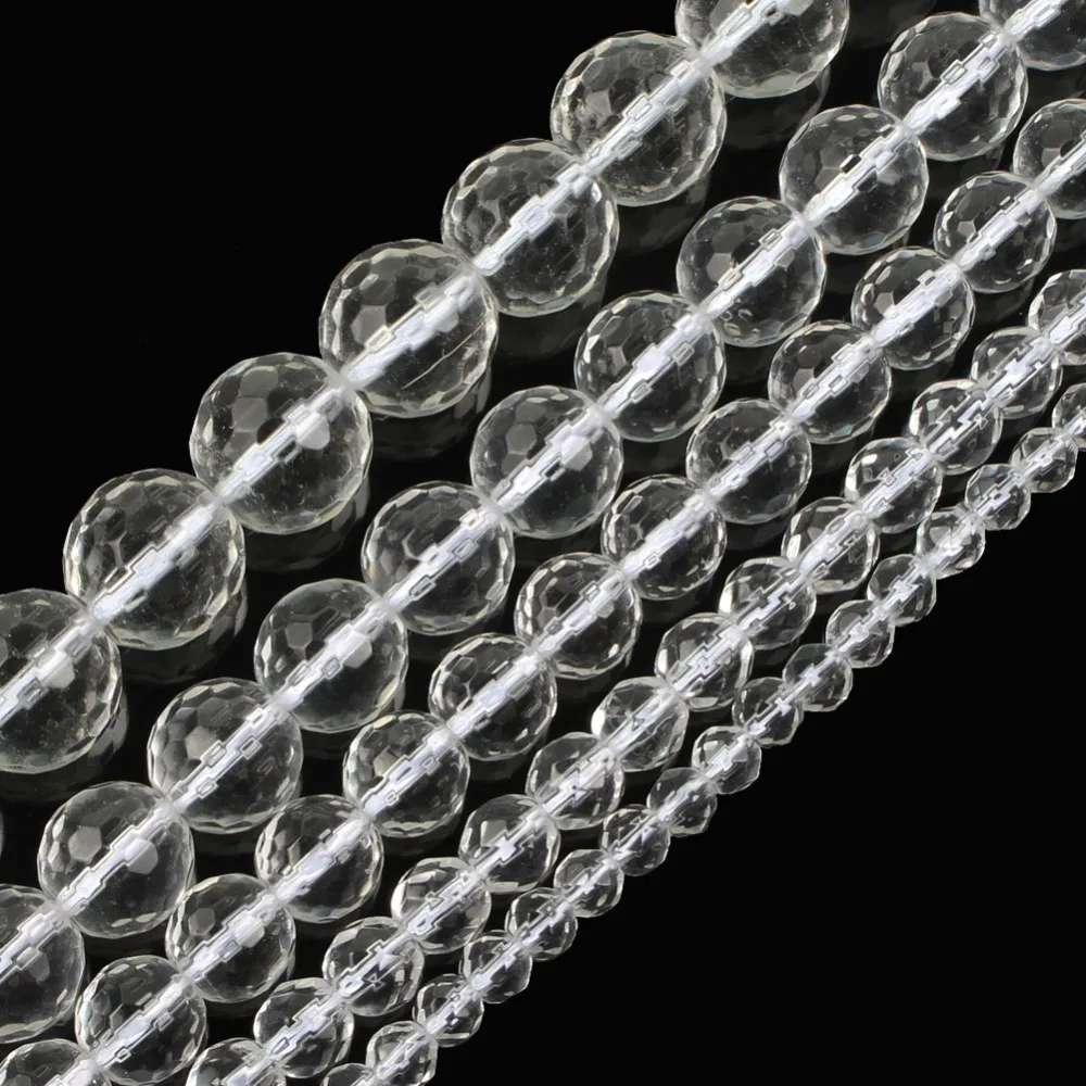 

15" Strand Natural Stone Beads Faceted White Clear Quartz Crystals Round Loose Beads For Jewelry Making Bracelet Neck 4-12mm