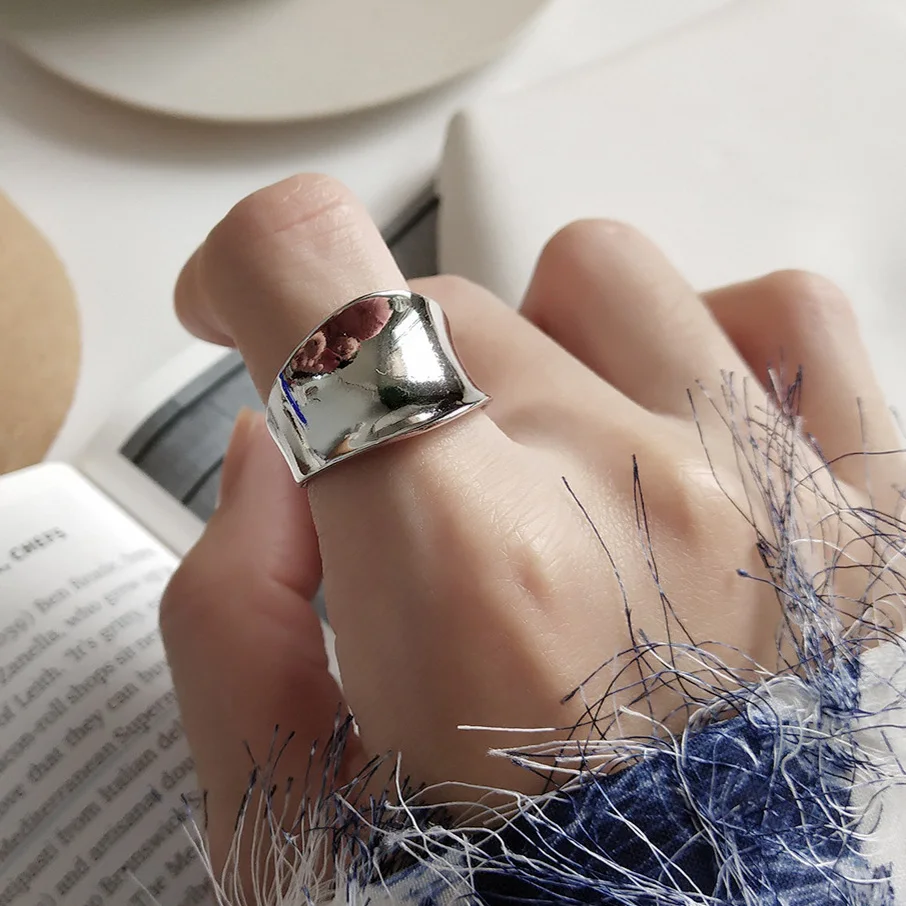 

Trendy Minimalism Style S925 Silver Wide Irregular Rings for Women Glossy Mirror Open Ring Simple Finger Ring Lady's Accessories