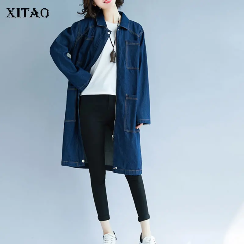 [XITAO] Корея мода новый женщин 2019 весна лето A-Line сплошной цвет Turn-Down воротник длинный рукав длинный Повседневный Тренч DLL2570