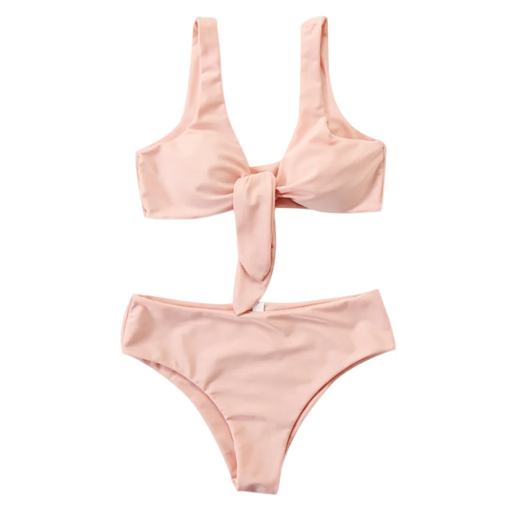 

Newly Women Swimsuit Two Pieces Bikini Set Tied Bowknot Padding Beach Swimwear High Waist Bathing Suit FMS19