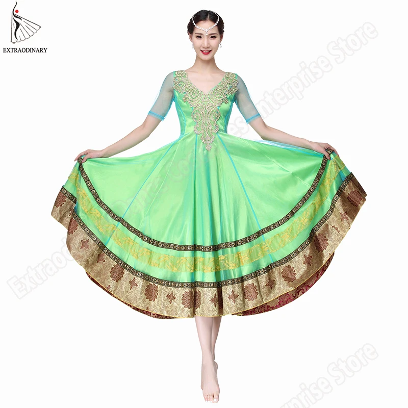 

New Women Bollywood Belly Dance Costumes Indian Bellydance Dress Skirts Performance Backless Hand Embroidered Sleeve Long Skirt