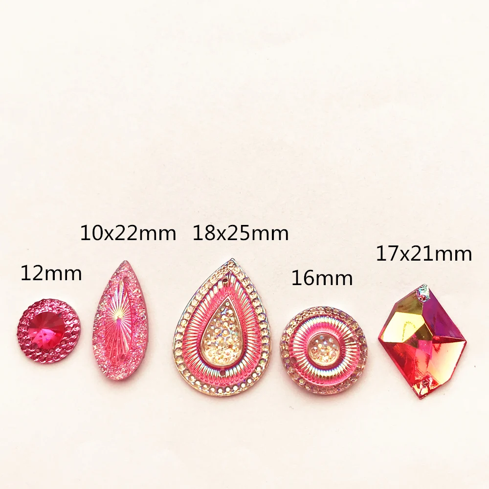 혼합 된 모양 수 지 핑크 레드 자홍색 Ab 플랫 다시 크리스탈에 바느질 Rhinestones Strass 돌 결혼식 저녁 드레스 예술에 대 한 바느질