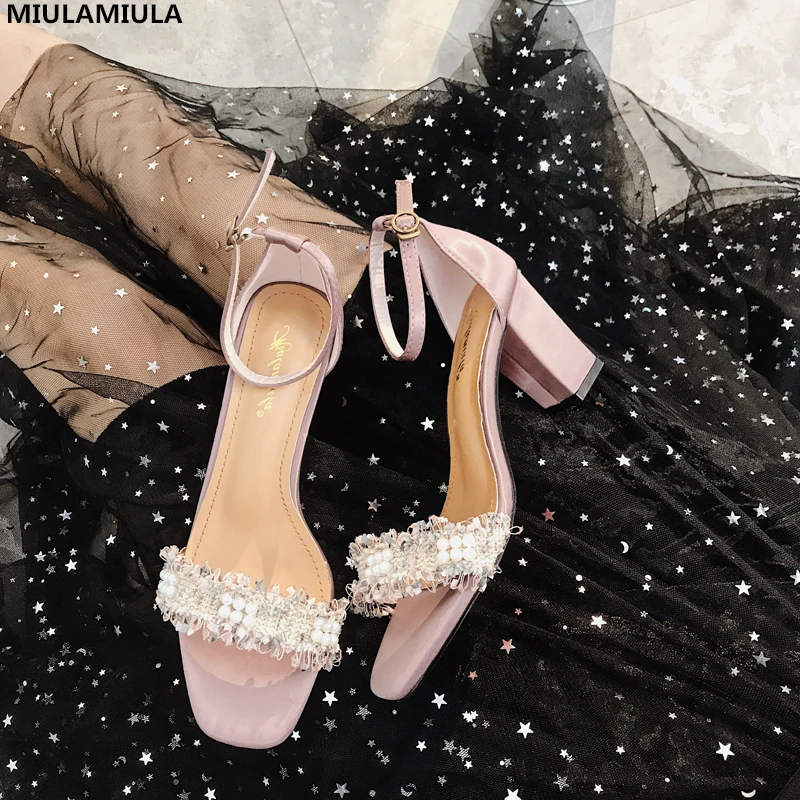 

MIULAMIULA Brand Designer 2019 Summer New Elegant Gingham Pearl String Bead Lady Sandals High Heels Pumps Lace Shoe Female 35-40