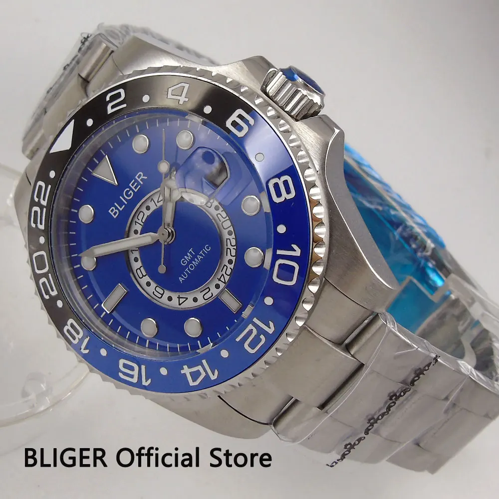 

Solid 43MM Blue Dial BLIGER Mechanical Watch For Men Ceramic Bezel Sapphire GMT Automatic Movement Men's Wrist Watch B225