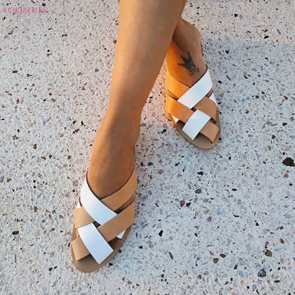 

2019 Slipper Women Summer Cross Sandals Slippers Mixed Color Flat Bottom Roman Fish Mouth Shoes Multi Size 35- 43 Drop #0429
