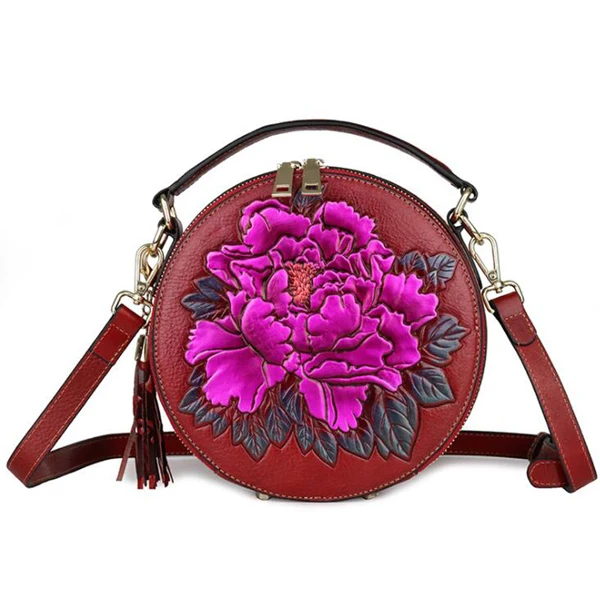 Кожаная женская сумка, Женская круглая Ретро маленькая сумка, сумка, высокая популярность, цветы, кисточка, сумки на плечо, сумка-мессенджер для отдыха - Цвет: red