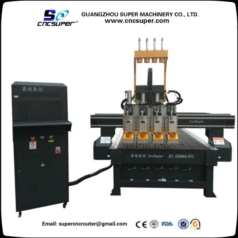 Furniture industry Multi-heads ATC 4 spindles pneumatic tool changer CNC router for wooddoor/furniture engraving and cutting