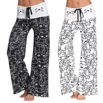 

Fashion New Women Track Pants Drawstring Cartoon Cat Print Black Wide Leg Pants Summer Autumn Plus Size Women Trousers Clothing