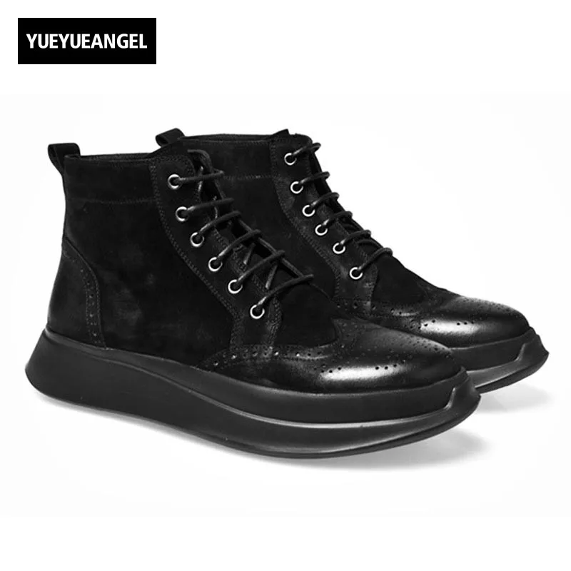 

Vintage Men Genuine Suede Leather High Top Botas Retro Brogue Thick Platform Shoes 2019 New Luxury Casual Flats Man Footwear
