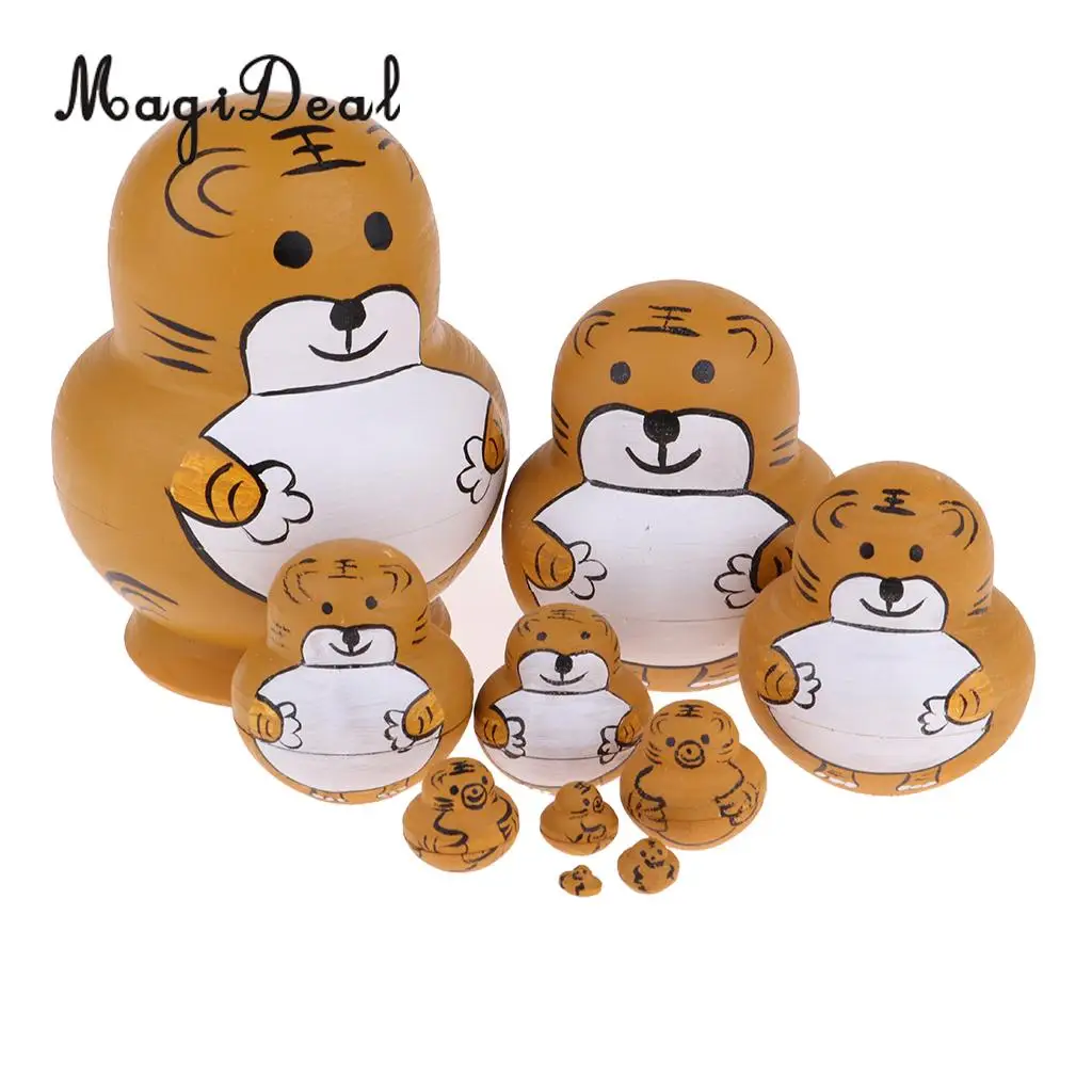 10 Pieces Hand Painted Wooden Mini Tiger Painted Russian Nesting Dolls Babushka Gift