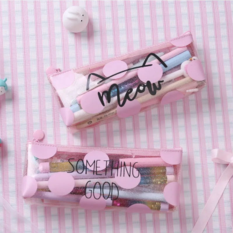 

Creative Pink Girl Heart Transparent Stationery Bag Multi-Function Student Cute Large-Capacity Pencil Case Student School Gifts