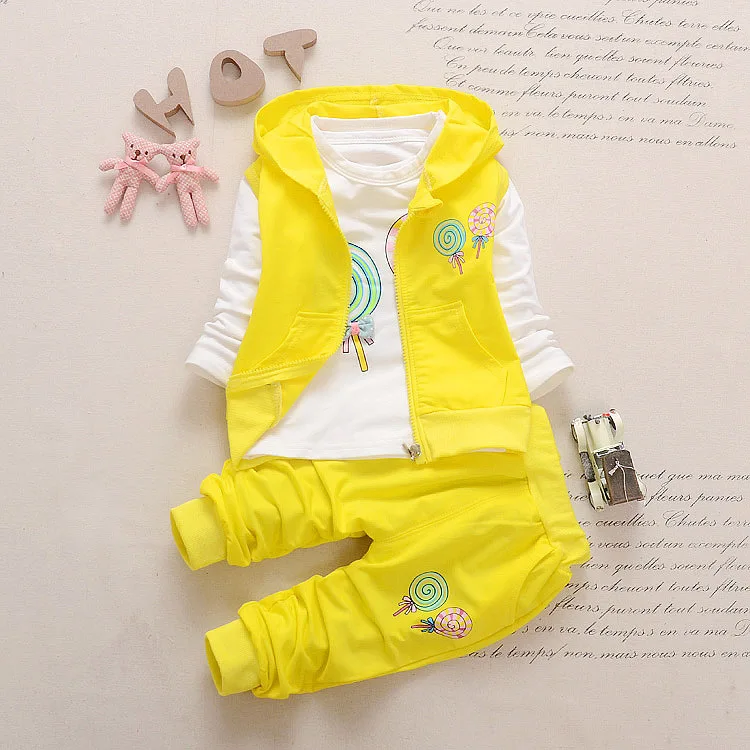 

Girls fashion sports three-piece spring and autumn clothing children's suit vest + T-shirt + pants lollipops pattern