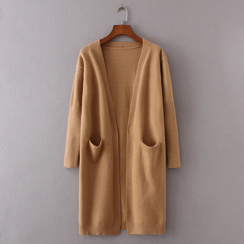 

Fall And Winter Simple Double-pocket Knitted Long Cashmere Sweaters Woman Slim Black Long Cardigan