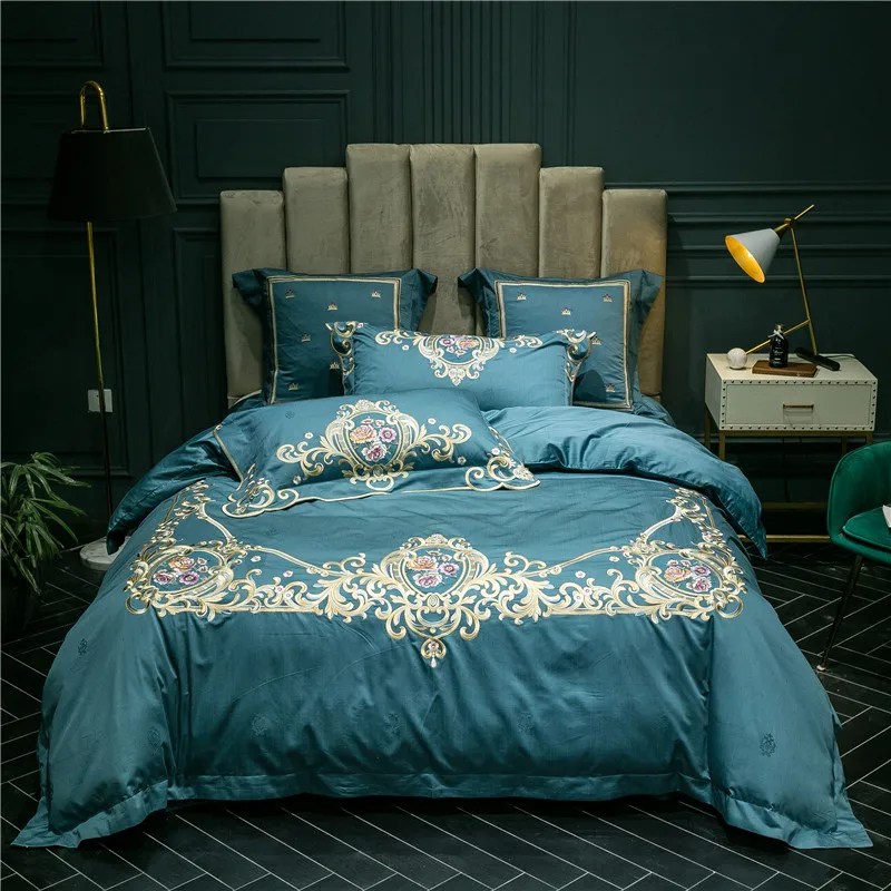 

Luxury Blue Pink Gray 100S Egyptian Cotton Bedding Set Gold Royal Embroidery Duvet Cover Bed sheet Bed Linen Pillowcases 4/6pcs