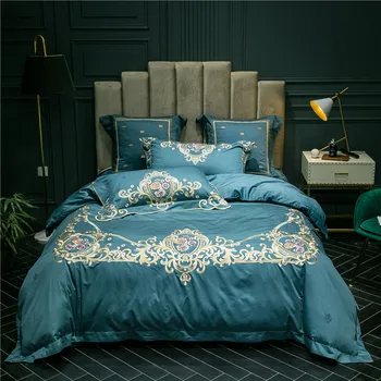 

Luxury Blue Pink Gray 100S Egyptian Cotton Bedding Set Gold Royal Embroidery Duvet Cover Bed sheet Bed Linen Pillowcases 4/6pcs
