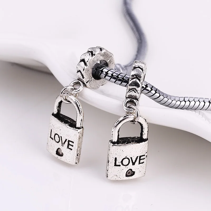 Metal Heart Lock Beads Charms Fit Pandora Vintage Silver DIY Zinc Alloy