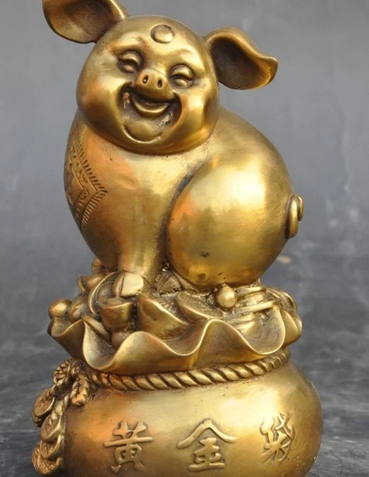 

6" chinese brass fengshui Animal Pig yuanbao Gold bag money wealth lucky statue