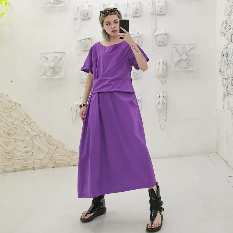 

Women Summer Short Sleeve Loose Casual Solid Color Long Dress Female Streetwear Pleated Waist Design Fahsion T Shirt Dresses