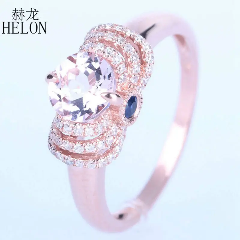 

HELON Hot Selling ! Morganite & Diamonds & Sapphires Engagement Graceful Women's Jewerly Ring Solid 14K Rose Gold Wedding Ring