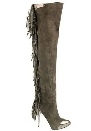 Sexy Women Fashion Over The Knee Suede Leather Pointed Toe Fringe Boots European Thigh High Long Boots With Tassel Long B