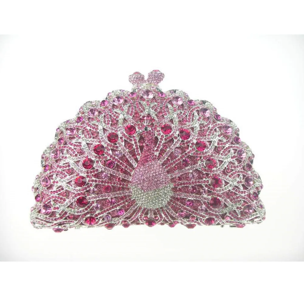 

8105 Pink Crystal Peacock Animal Bird Wedding Bridal Party Night hollow Metal Evening purse clutch bag case box handbag