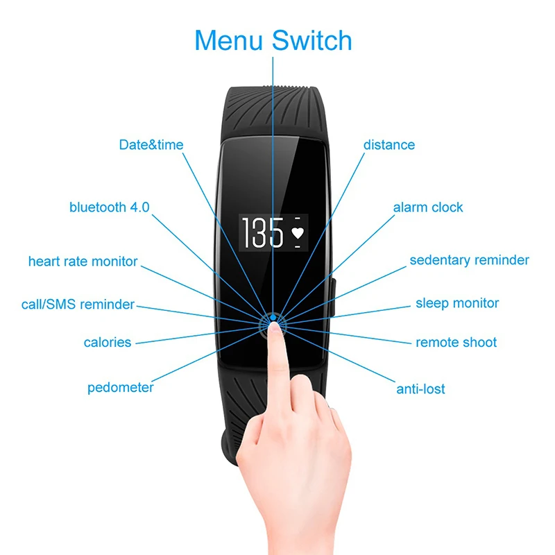Fitness Tracker ID107 Heart Rate Monitor Smart Bracelet Health Monitor Pedometer Calorie for Android iOS with A Free Strap