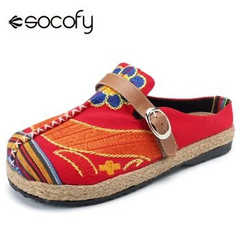 

Socofy Canvas Vintage Ethnic Shoes Woman Breathable Backless Slip-on Flats Summer Bohemian Retro Casual Women Shoes Zapatos New