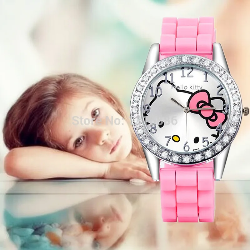 

2019 New hello kitty quartz watch kids cartoon wristwatch silicone girls women watches mujer relojes rhinestone children watches