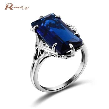

100% Handmade Real 925 Sterling Silver Rings For Women Classic Big Lab Sapphire Stone Anniversary Ring Fine Jewelry Best Gift