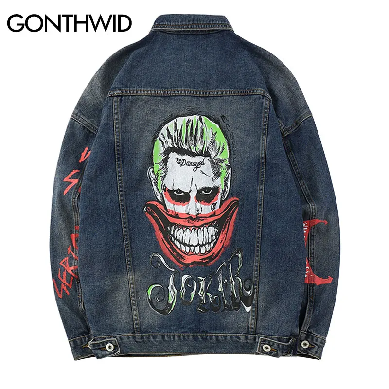 Gonthwid Pria Joker Dicetak Denim Jaket 